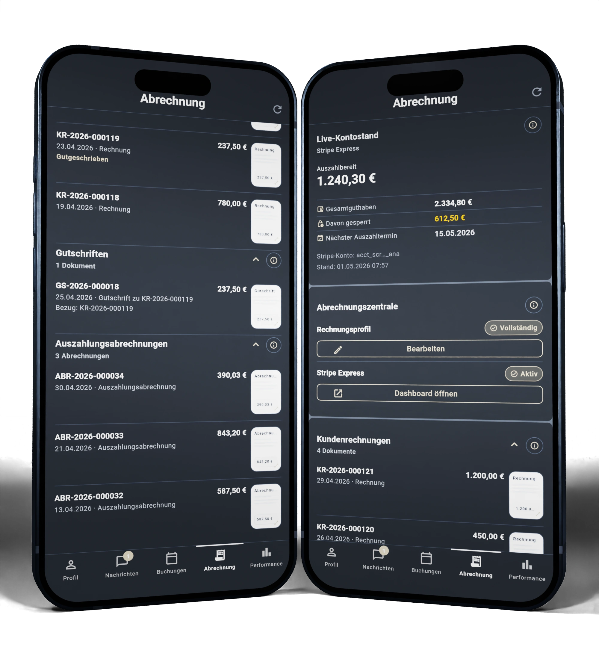 Bezahlung, Rechnung und Auszahlung in einem System App Screen